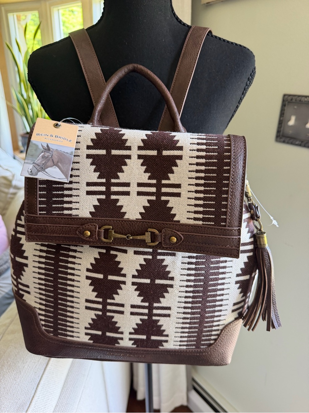 Brown & Cream Patterned Canvas Backpack